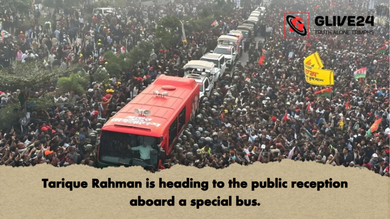 Tarique Rahman is heading to the public reception aboard a special bus Tarique Rahman is heading to the public reception aboard a special bus.