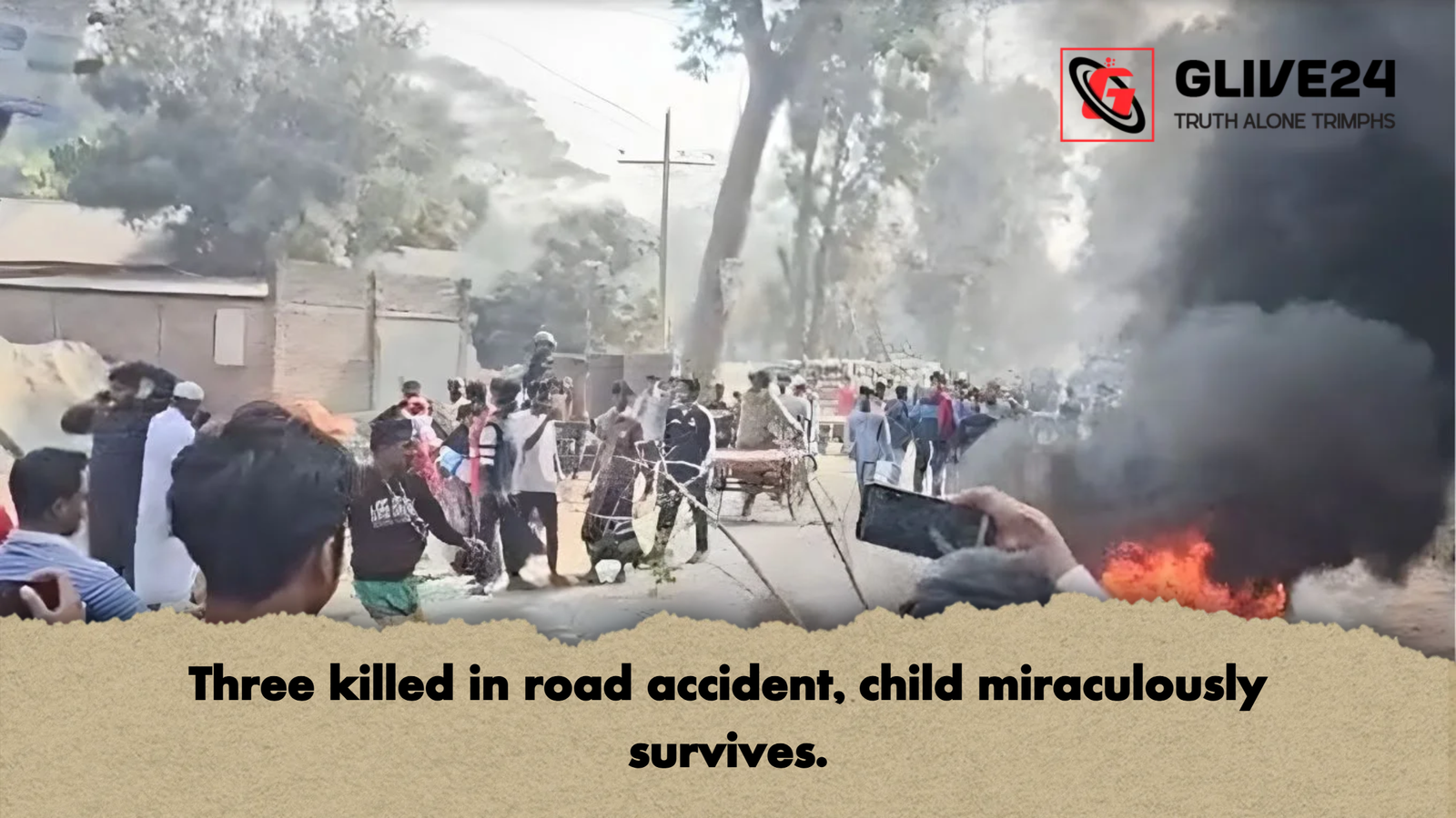 Three killed in road accident, child miraculously survives. 1 Three killed in road accident child miraculously survives Three killed in road accident, child miraculously survives.