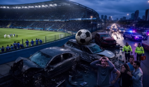 The football was knocked off the pitch onto the road causing an accident The football was knocked off the pitch onto the road, causing an accident.