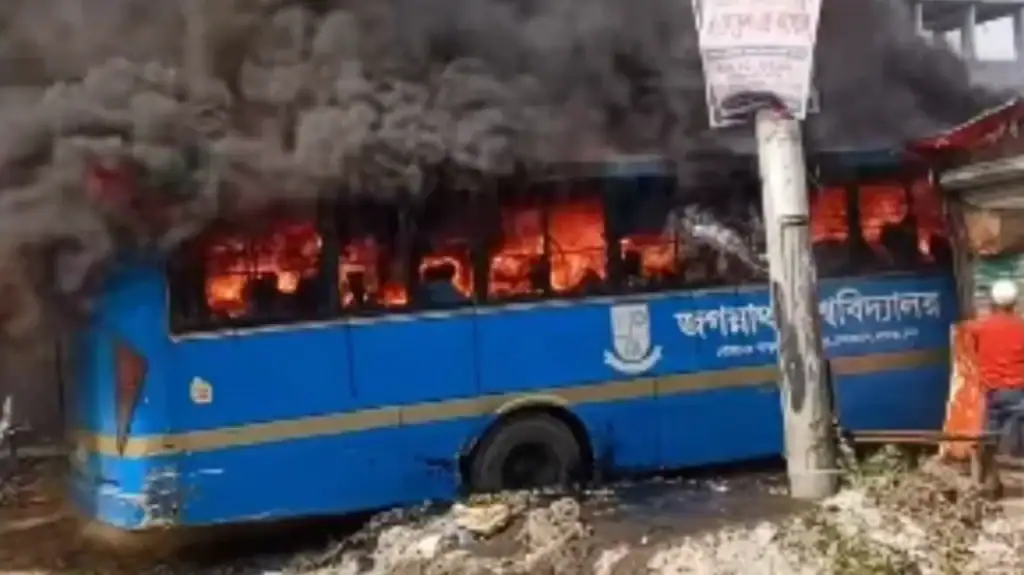 Jagannath University Bus Damaged in Dhaka Garage Blaze